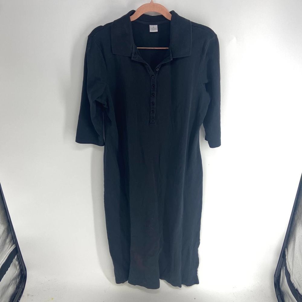 Peruvian Connection Henley Midi Black polo shirt dress pima cotton women Large